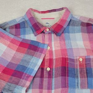 Tommy Bahama Relax Shirt Mens XXL Pink Blue Plaid Linen Short Sleeve Vacation